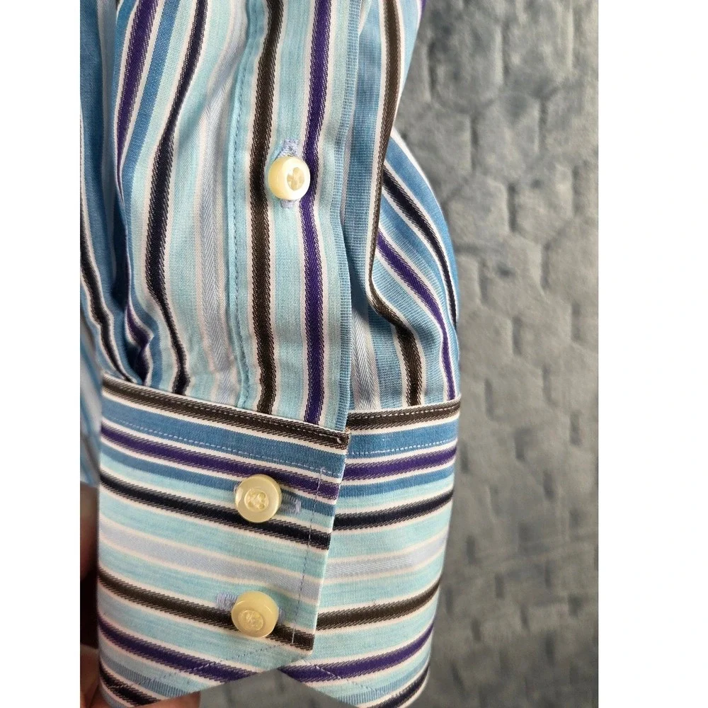 Thomas Dean Mens XL‎ Long Sleeve Button Down Shirt Blue Purple Striped Cotton